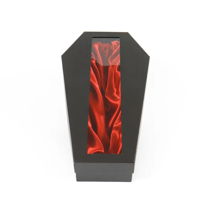 Closed front view coffin shaped window box packaging displaying artificial roses through clear PVC window