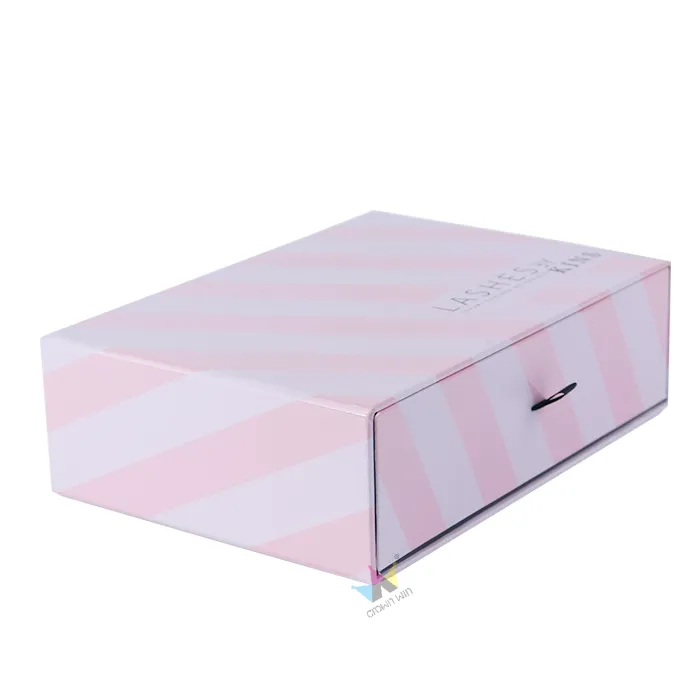 Closed glossy pink diagonal stripe slide drawer box, custom printed lash brand logo on rigid beauty drawer box exterior