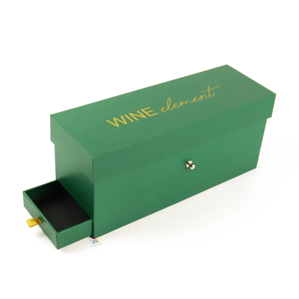 Front slanted view closed magnetic closure boxes, matte green rigid wine box with gold foil branding