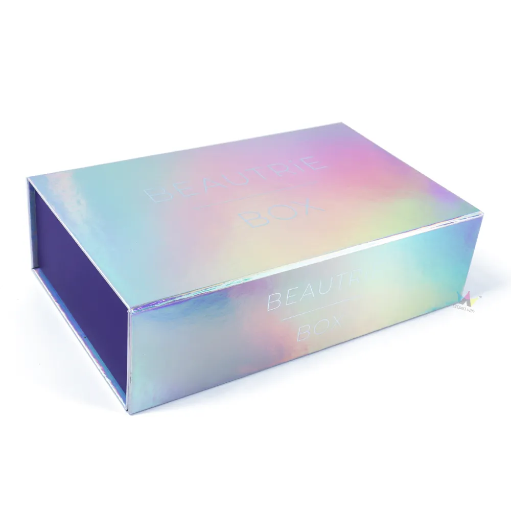Closed holographic iridescent one-piece folding box with custom debossed brand logo on rainbow metallic surface