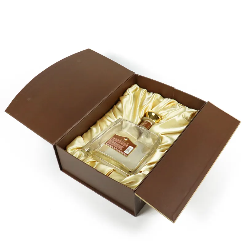 Closed luxury double door box, matte brown rigid wine packaging with custom printed brand name and decorative panel