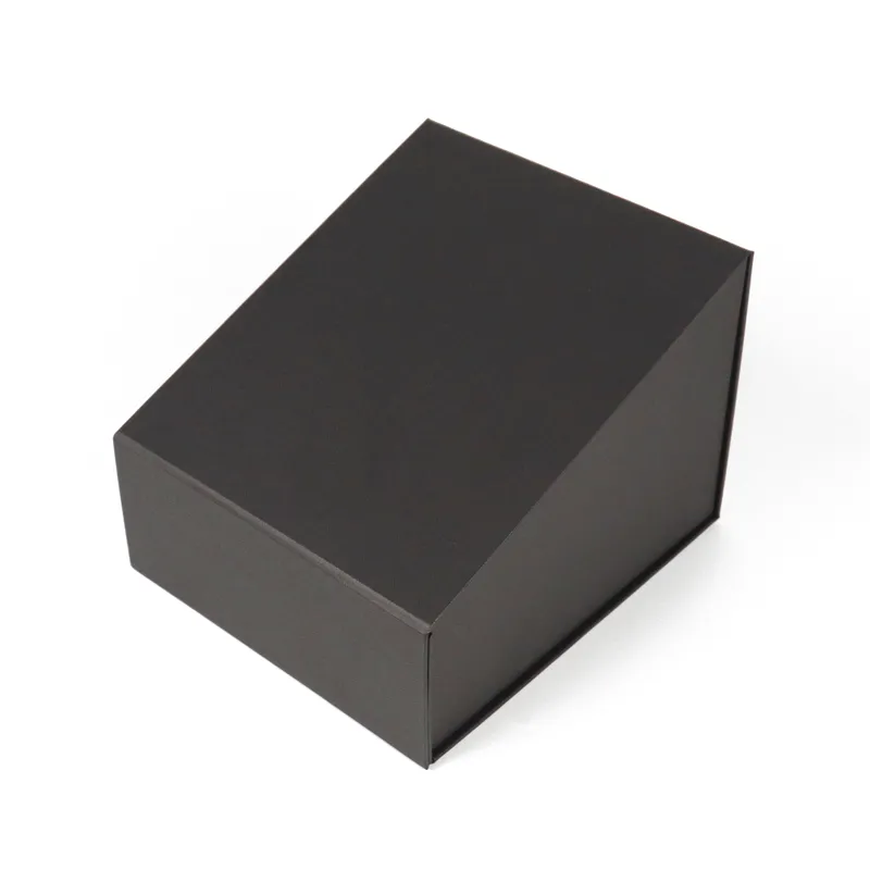 Closed top view matte black magnetic one piece folding box, sturdy flat collapsible apparel packaging box
