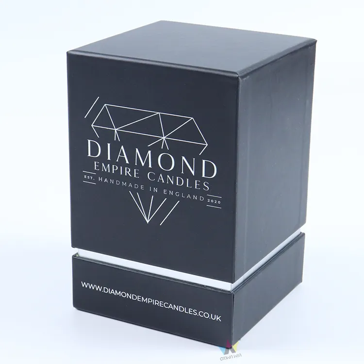 Fully closed matte black rigid lid and base essential oils boxes with silver foil diamond logo and brand text print, luxury candle packaging essential oils boxes