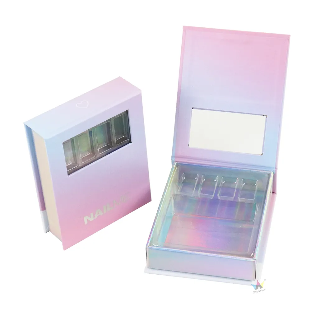 Closed pink-blue gradient window box packaging with clear transparent top viewing window and silver foil brand logo on front panel