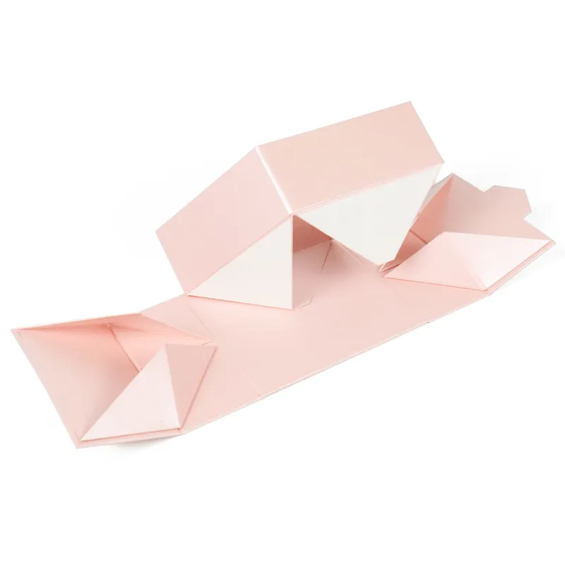 Closed pink double door rigid box with custom hexagon logo sticker on front panel