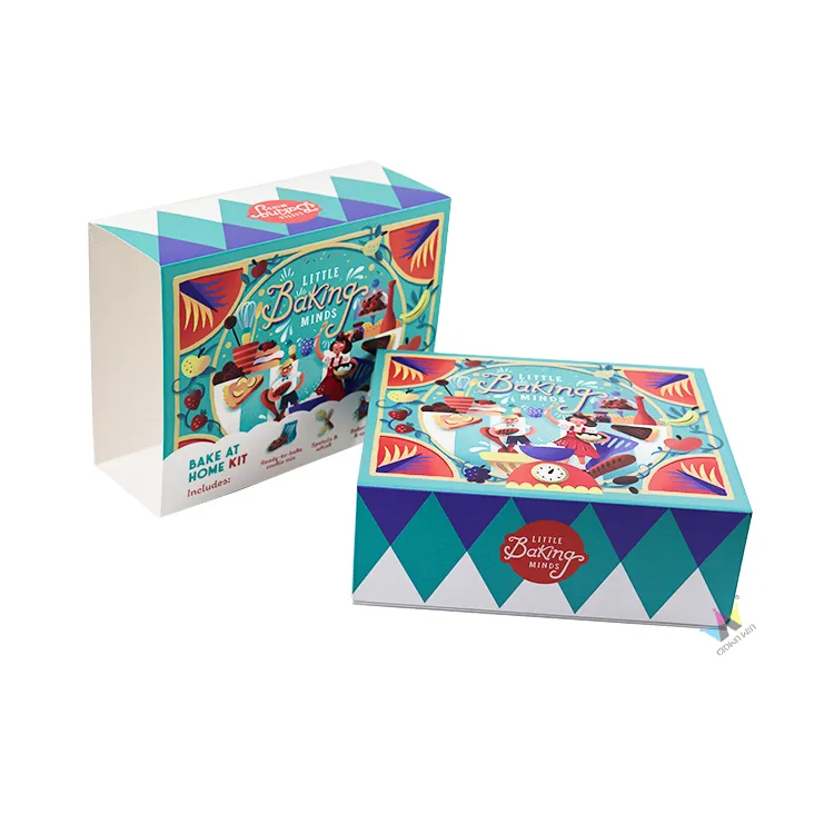 Closed rigid magnetic box covered with vibrant full-color cartoon baking illustration print