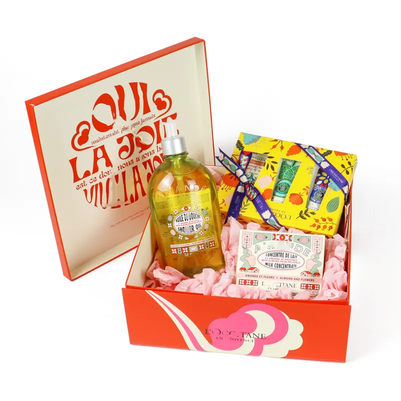 Closed seasonal folk art printed rigid cosmetic gift box, custom illustrated flip lid skincare packaging for holiday beauty sets