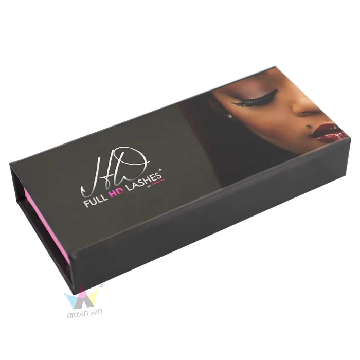 Closed slim magnetic flip cosmetic boxes for eyelashes, matte black exterior with full CMYK portrait and signature logo printing