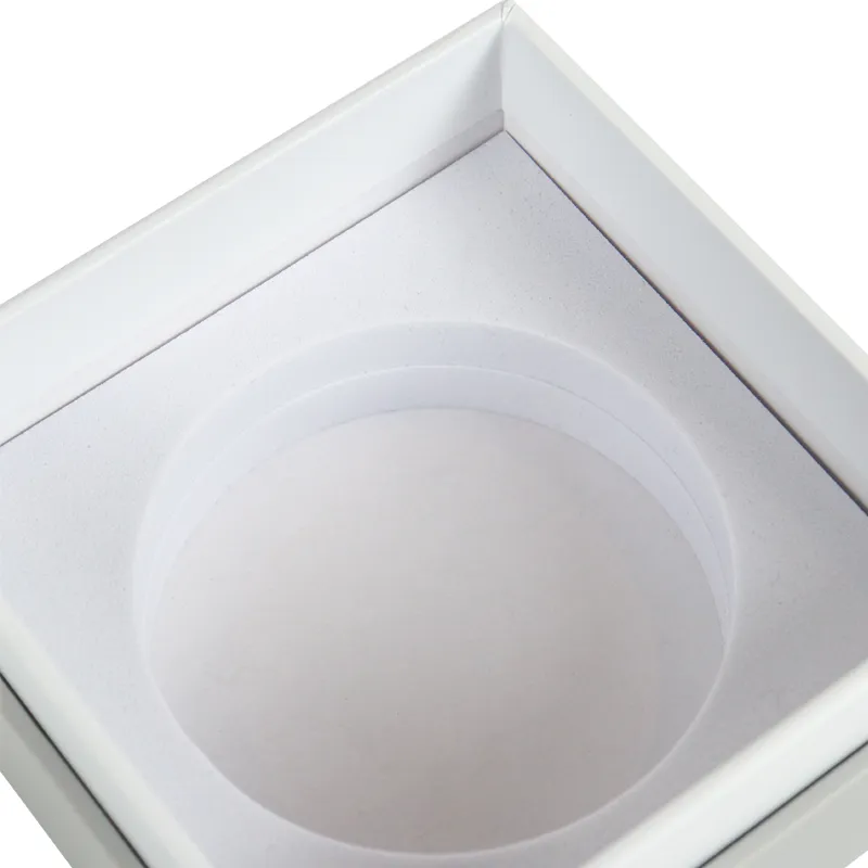 Closed top view square lid and base rigid candle boxes with silver foil brand text printing, minimalist grey candle boxes