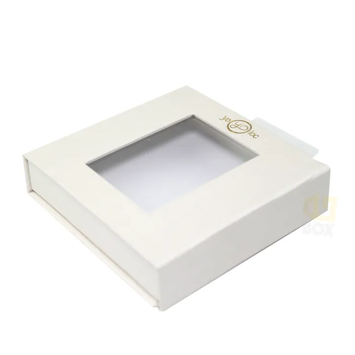 Closed square magnetic window box packaging with embedded clear PVC viewing window for retail display