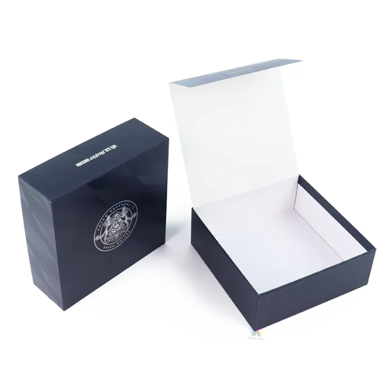 Closed square custom printed essential oil boxes front view with hologram foil embossed sports team crest logo and side brand text print