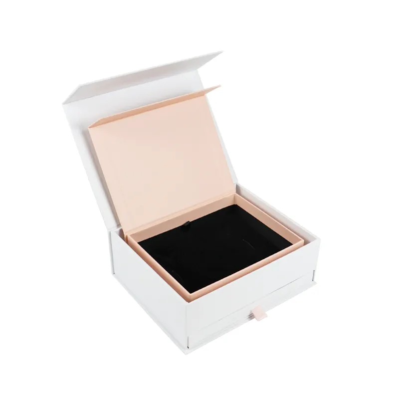 Stacked closed display of two sizes matte white custom logo printed flip drawer rigid cosmetic boxes for jewelry gift sets
