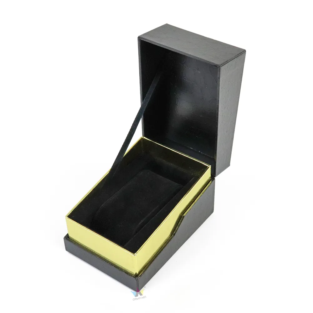 Closed full standing view of croc texture rigid leather essential oil gift boxes showcasing black reptile grain exterior and gold trim edge detail