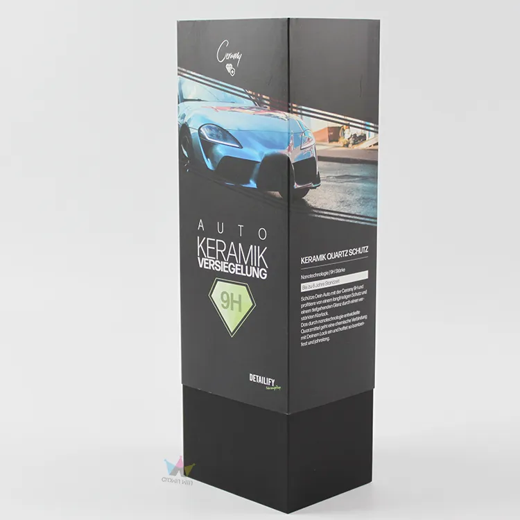 Closed tall matte black lid and base rigid box with full-color automotive artwork for car ceramic coating kit packaging