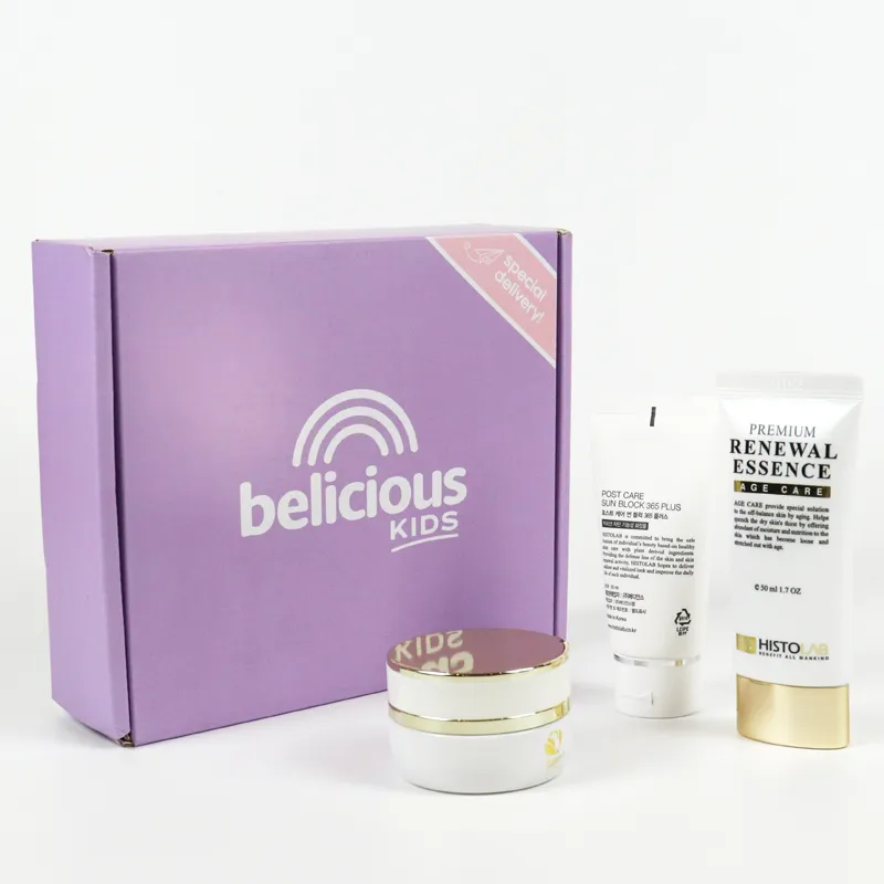 Closed top shot full logo printed lilac cosmetic boxes with decorative sticker tab, rigid corrugated skincare gift mailer cosmetic boxes