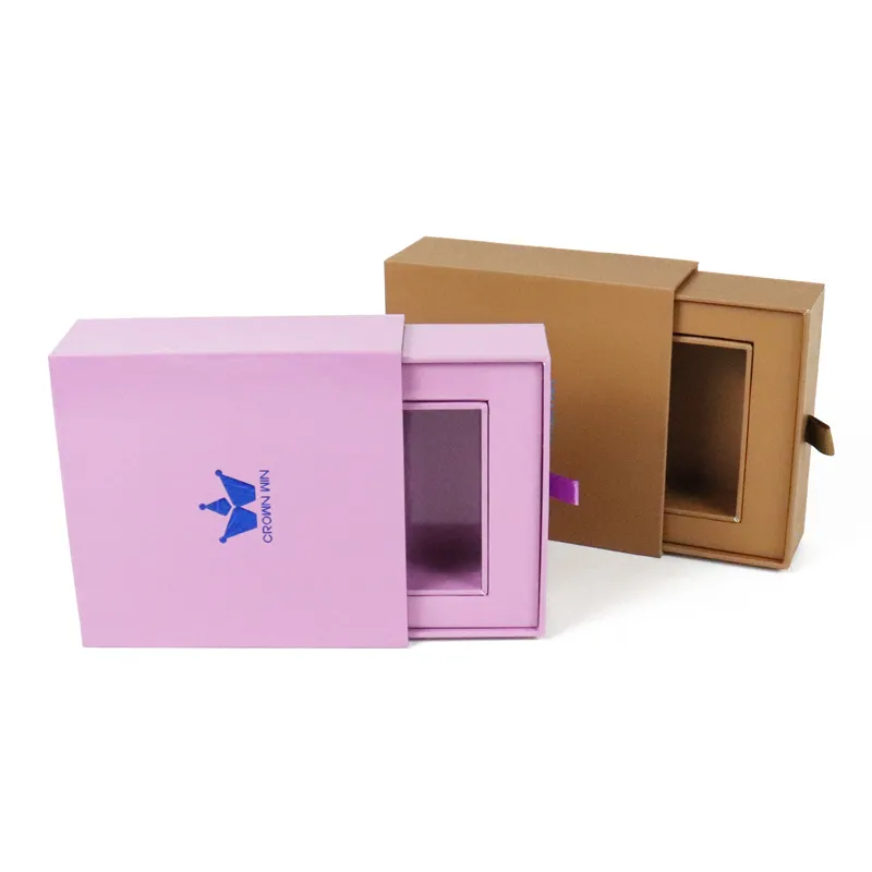 Side view of two-color printed rigid gift drawer boxes with fabric ribbon pull, custom logo cosmetic drawer boxes