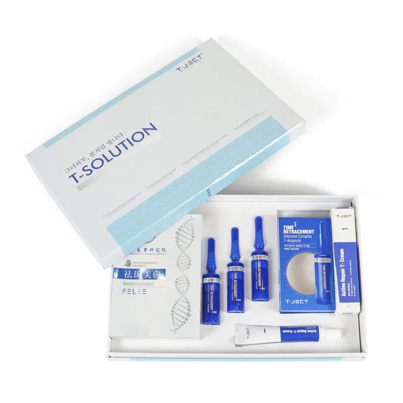 Closed white and light blue magnetic cosmetic set box, premium printable rigid skincare packaging with multilingual graphic and text printing