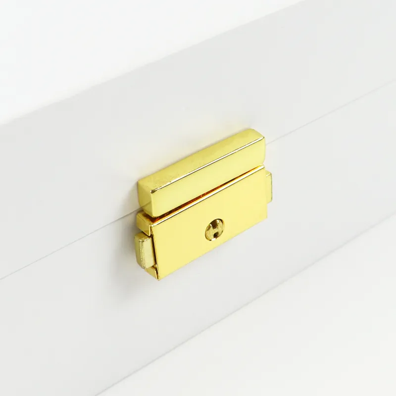 Closed white rigid magnetic closure boxes, portable cosmetic gift box with white PU carry handle and gold hardware