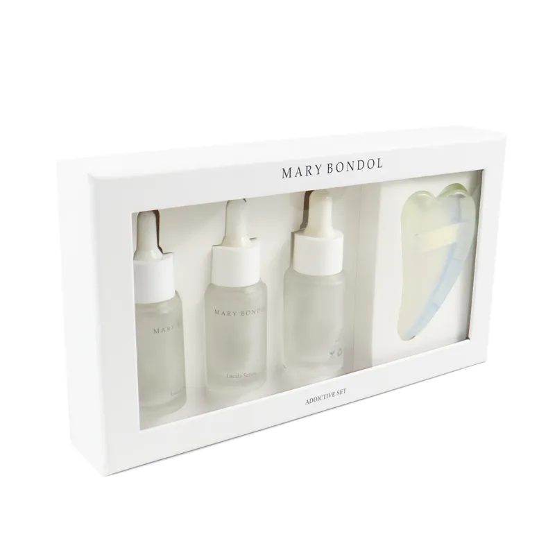 Closed minimalist white lid & base rigid window box packaging with transparent PVC viewing window for skincare serum set