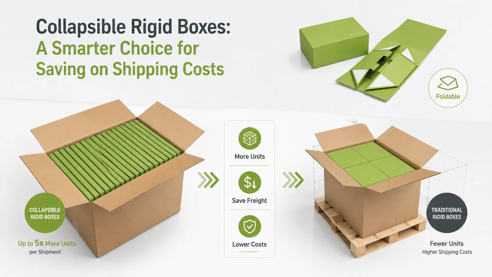 Comparison infographic: foldable rigid boxes hold more units per carton than pre-assembled rigid boxes, reduce shipping cost, custom packaging by Crown Win Box Manufacturer
