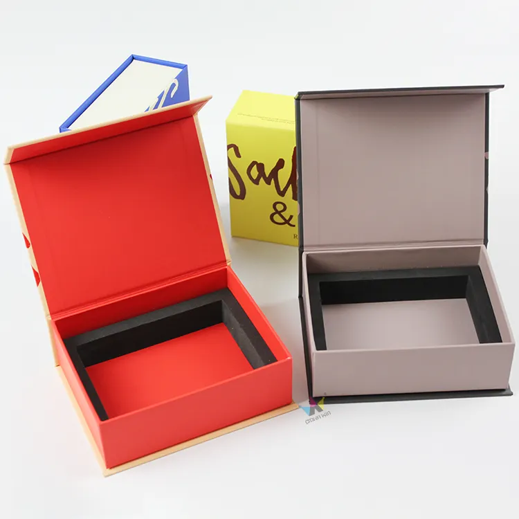 Open blue custom printed magnetic box with precision molded black EVA foam insert for product storage