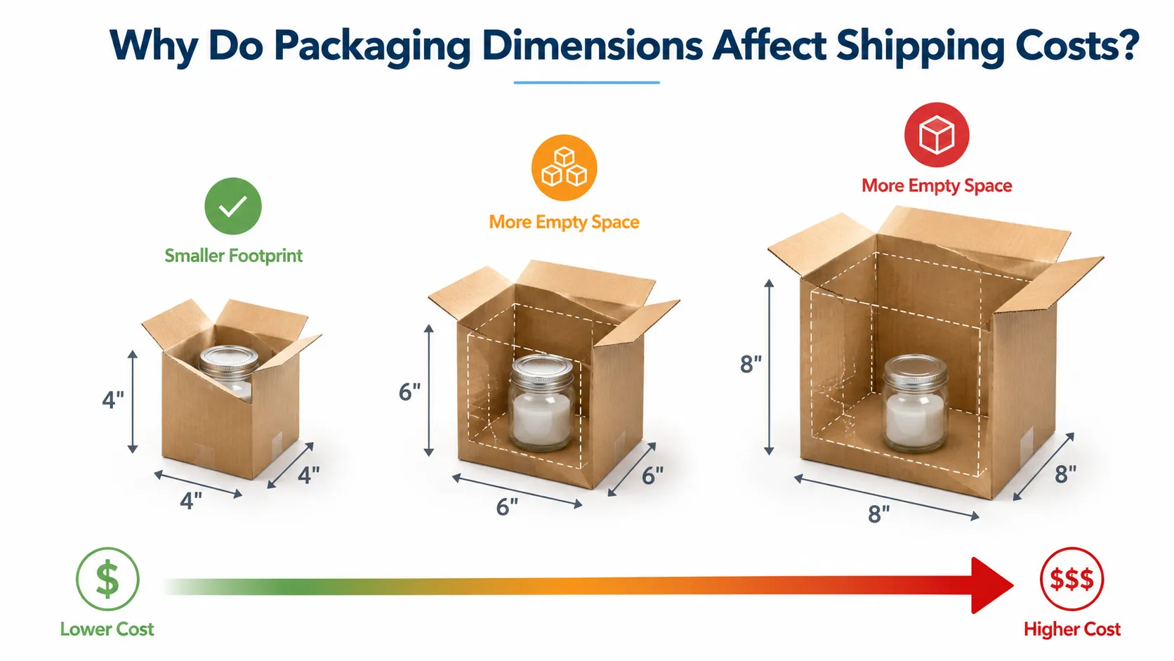 Visual comparison of small slim and oversized candle paper boxes showing empty space impact on freight fees, custom size packaging design guide by Crown Win Box Manufacturer China factory