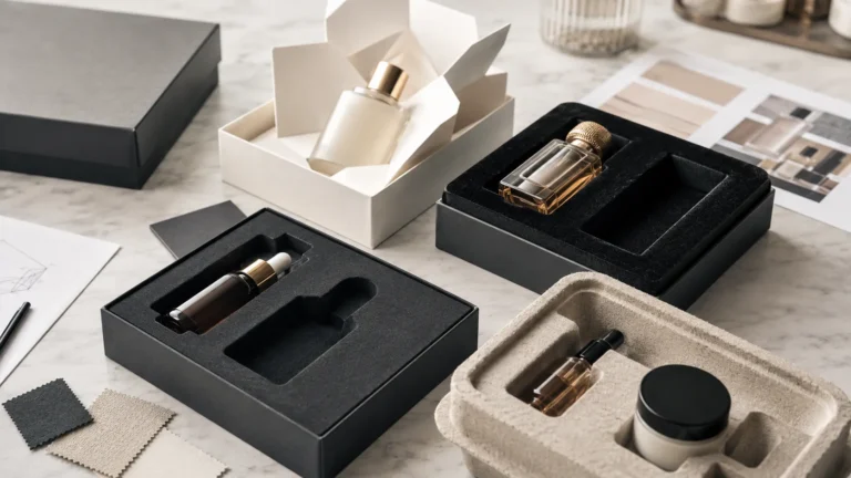 Comparison display of custom paper, EVA foam and molded pulp inserts inside cosmetic and perfume gift boxes for beauty brands