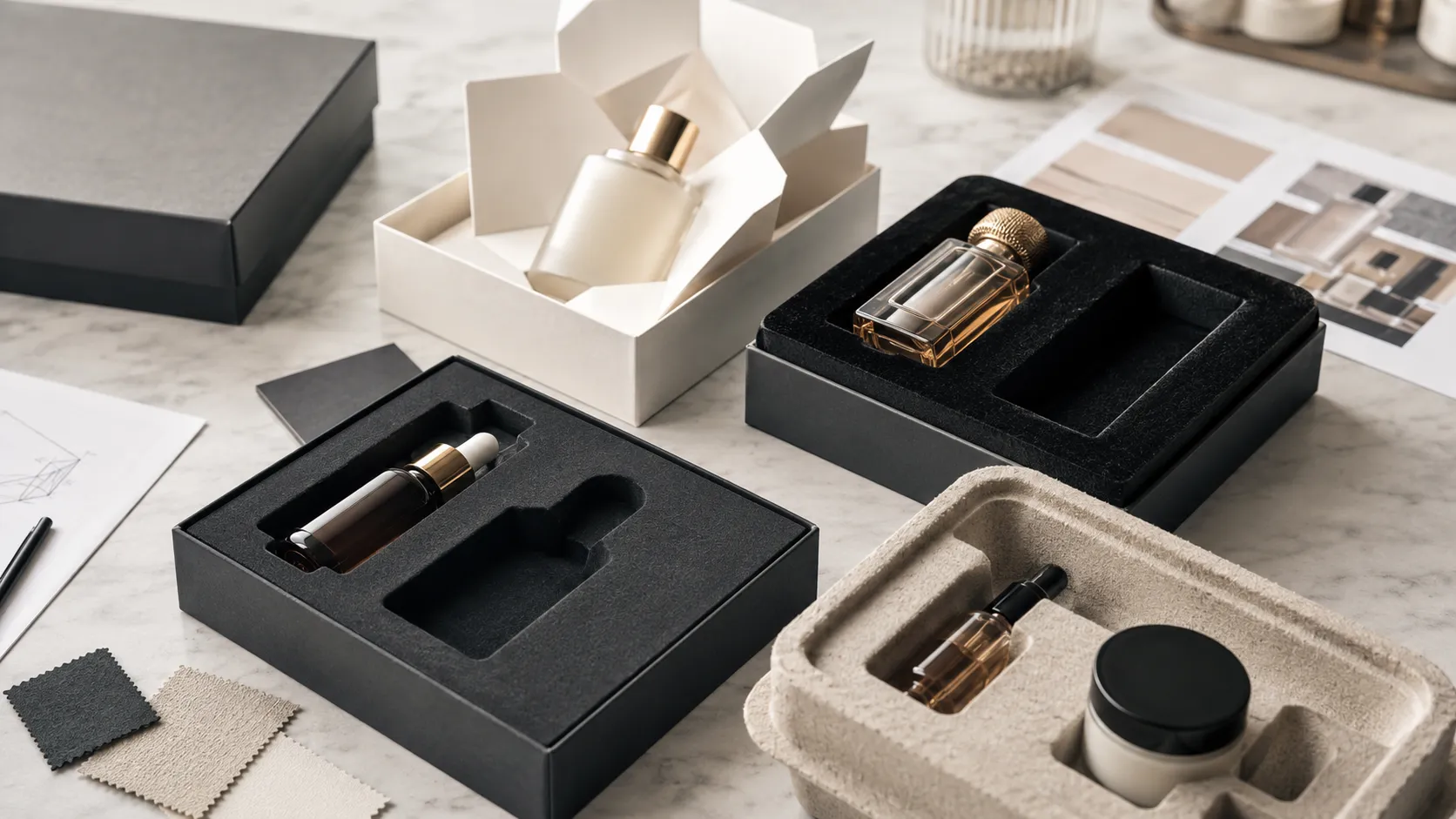 Comparison display of custom paper, EVA foam and molded pulp inserts inside cosmetic and perfume gift boxes for beauty brands