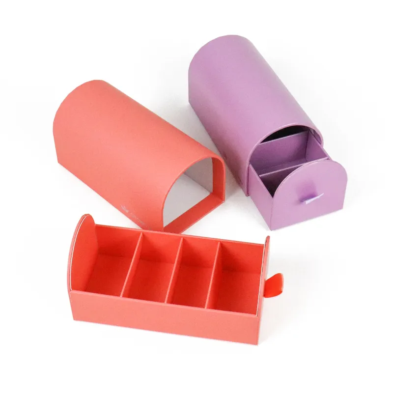 Paired coral and lavender matte arch top drawer box, slide open design showing triple divided compartments, cosmetic jewelry slide drawer gift packaging