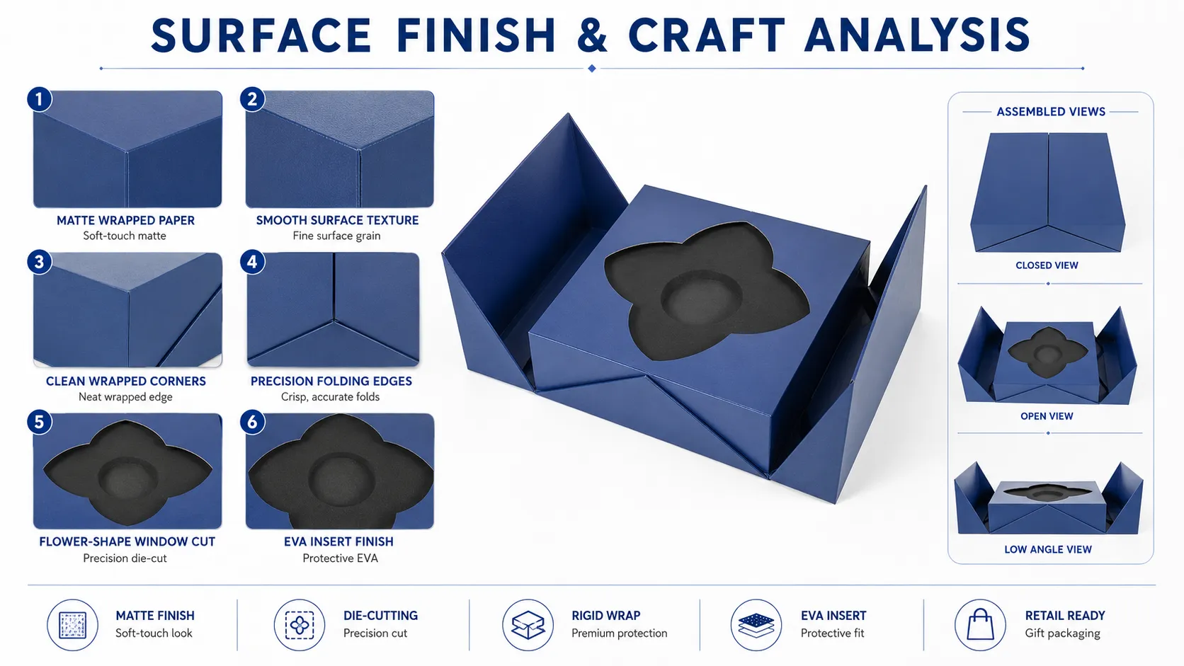 Custom Matte Blue Magnetic Double-Door Gift Box —Featuring a custom flower-shaped die-cut EVA insert-craft