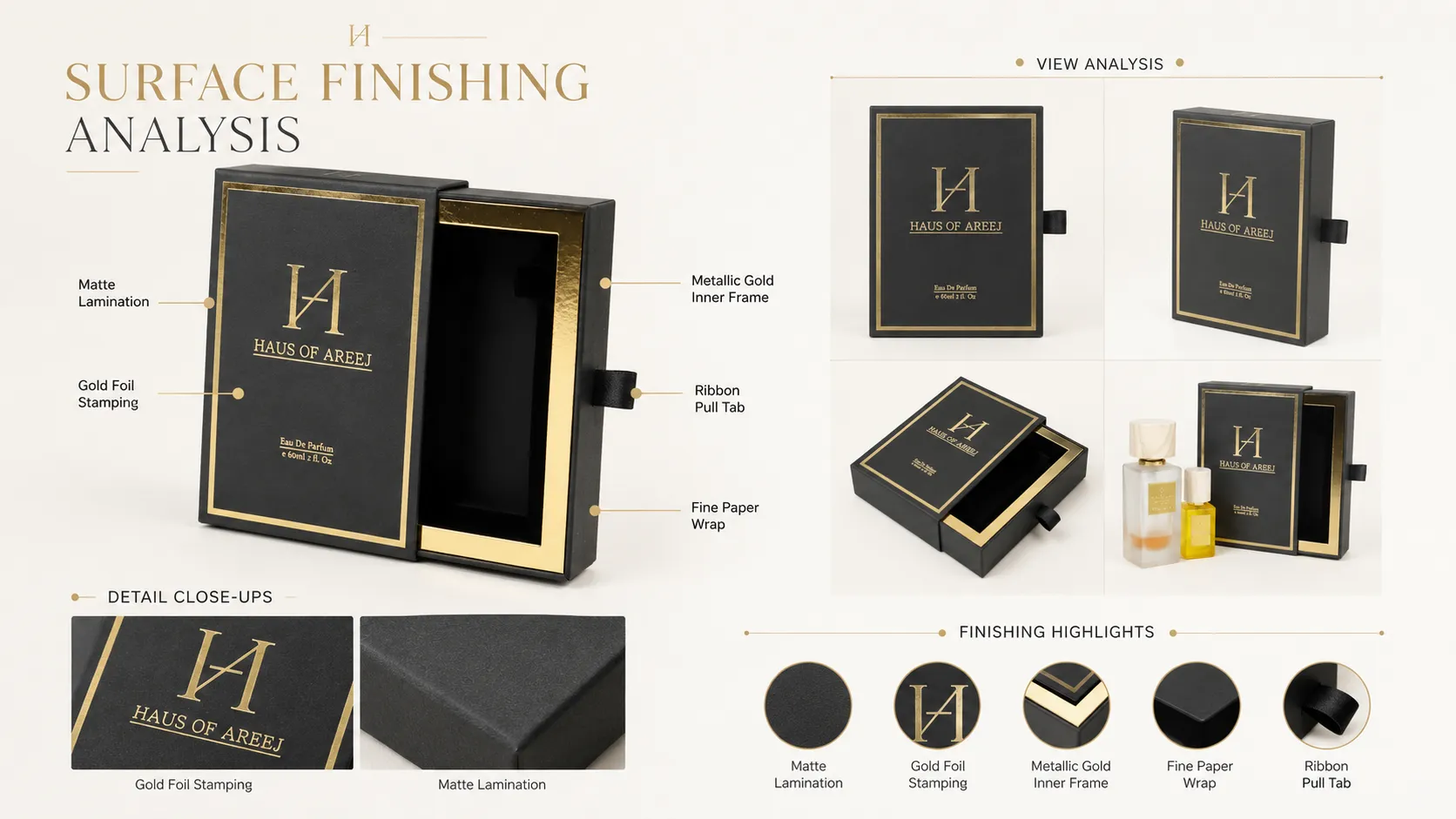 Matte Black Gold Foil Luxury Slide Drawer Rigid Perfume Boxes – Gold Lined Drawer Custom CNC Molded Black EVA Foam-craft