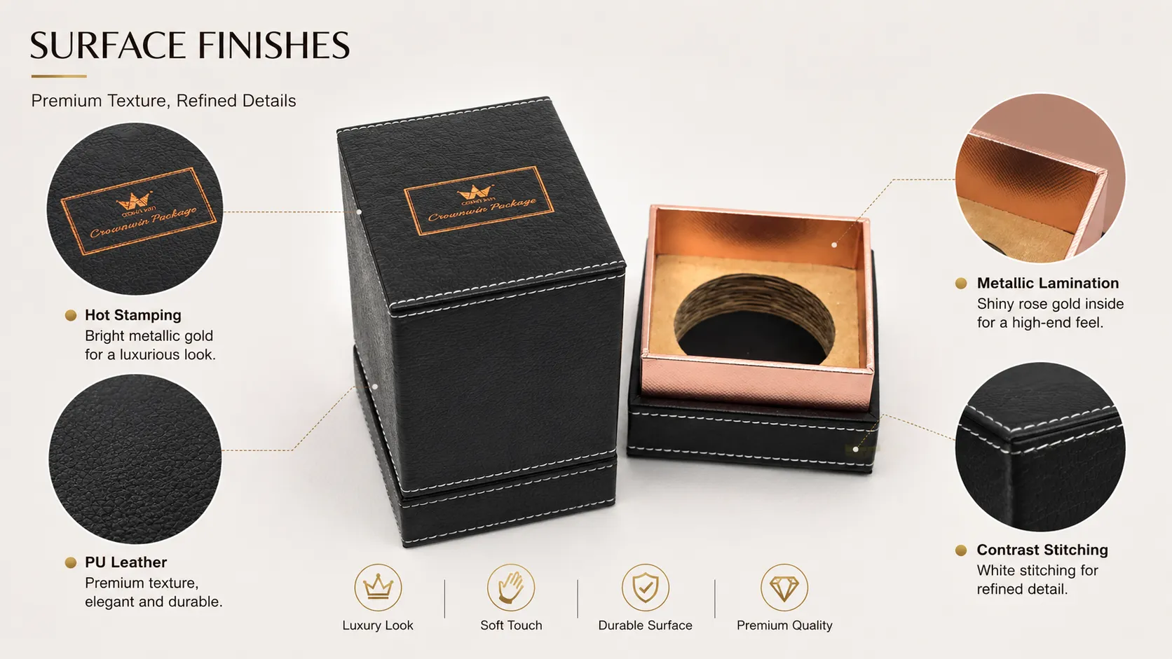 Tall Black Faux Leather Stitched Lid & Base Candle Boxes – Custom Copper Hot Foil Logo, Shiny Rose Gold Lined Inner Tray-craftsmanship