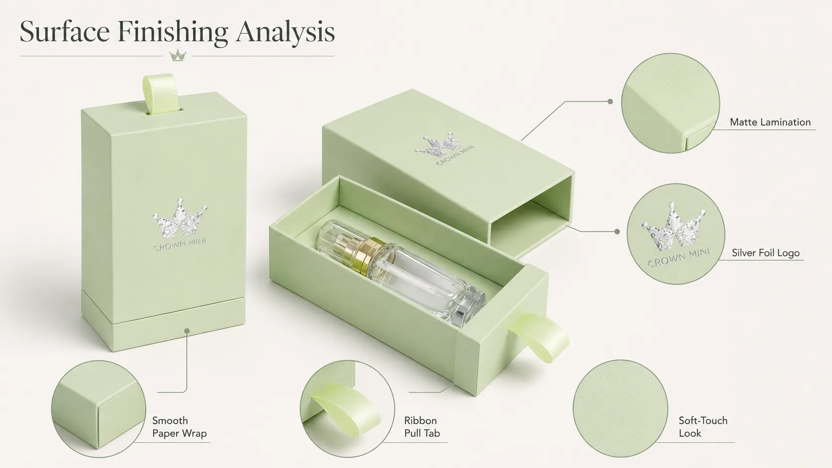 Pastel Light Green Satin Ribbon Slide Drawer Cosmetic Boxes – Rigid Drawer Cosmetic Packaging for Serum & Perfume Bottles-craftsmanship