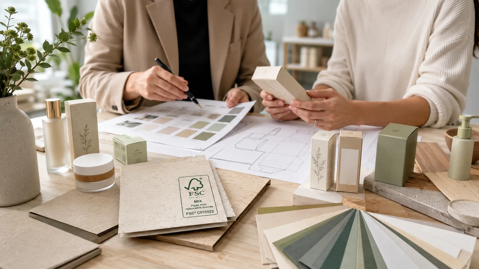 FSC paper options for beauty brands, designers pick sustainable cosmetic packaging paper swatches at Crown Win Box Manufacturer
