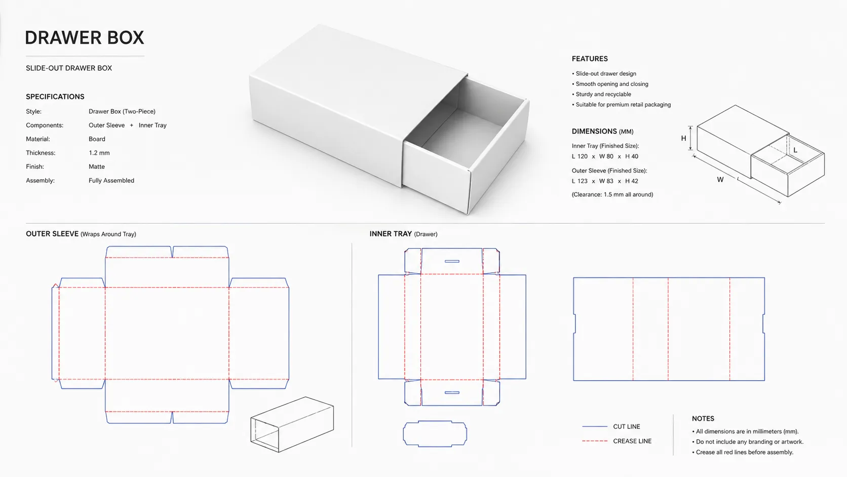 Two-piece drawer box die-cut template with full dimension specifications, structural design sheet from China paper packaging factory Crown Win Box Manufacturer
