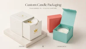 Custom candle packaging display comparing luxury rigid candle box and folding carton, Crown Win Packaging