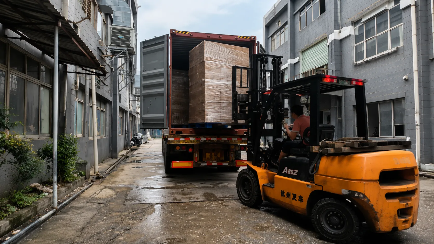 Crown Win Box Manufacturer factory warehouse forklift loading bulk custom rigid boxes and folding carton orders into shipping container for global beauty brand clients
