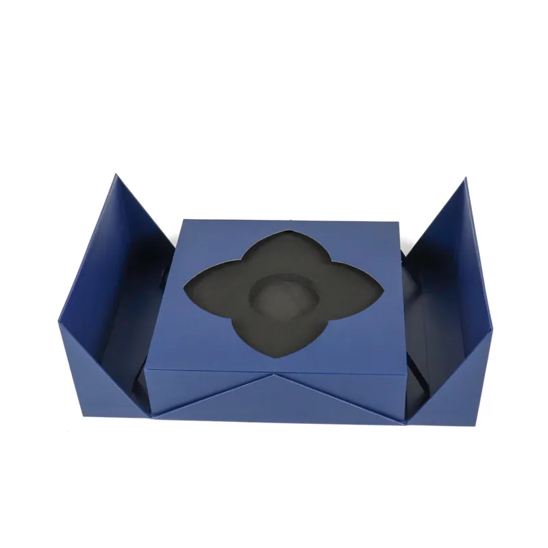 Low-angle open view premium magnetic double door box with matching flower EVA lining
