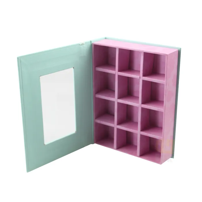 Detachable cross paper divider separated from empty mint green rigid window box packaging for custom compartment storage