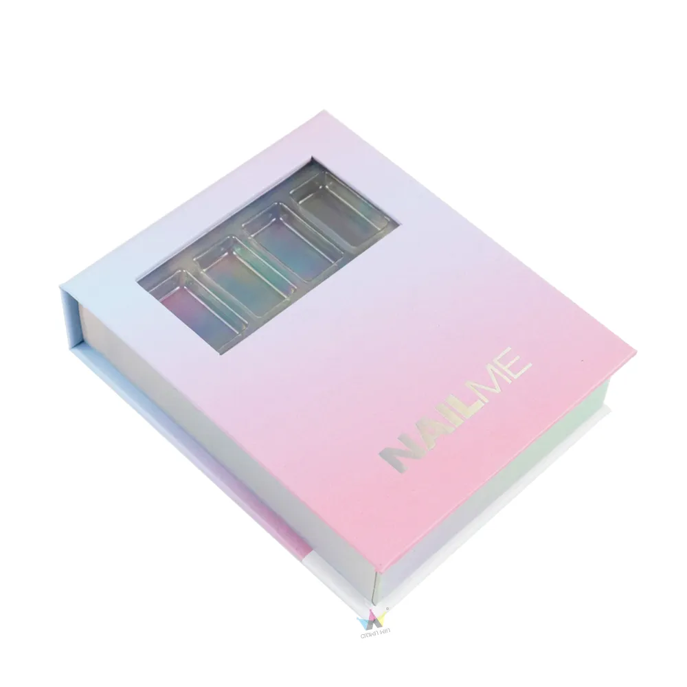 Detachable rainbow holographic divided plastic insert tray removed from rigid magnetic window box packaging for nail sets