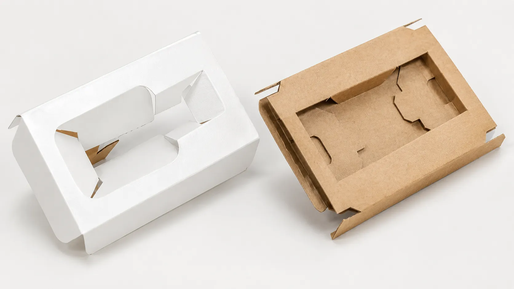 Die cut foldable paper insert tray, white card and kraft paper inner liner for lightweight cosmetic perfume sample boxes
