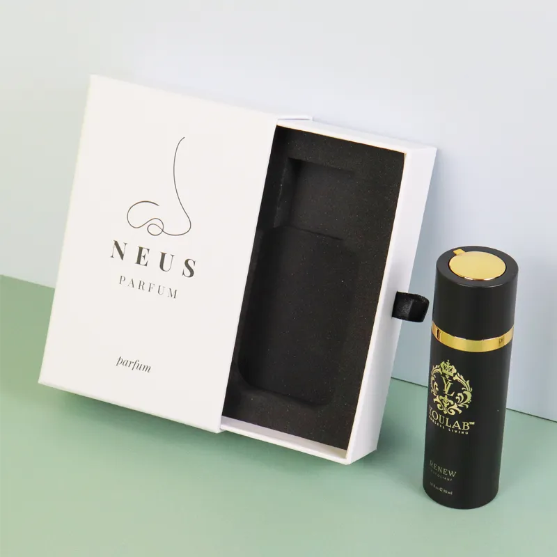 Display layout of ribbon pull perfume boxes beside matching black gold cap glass fragrance bottle for retail gift sets