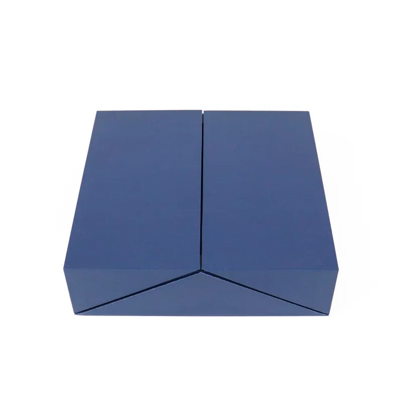 Closed top view of navy blue foldable rigid double door cosmetic packaging box