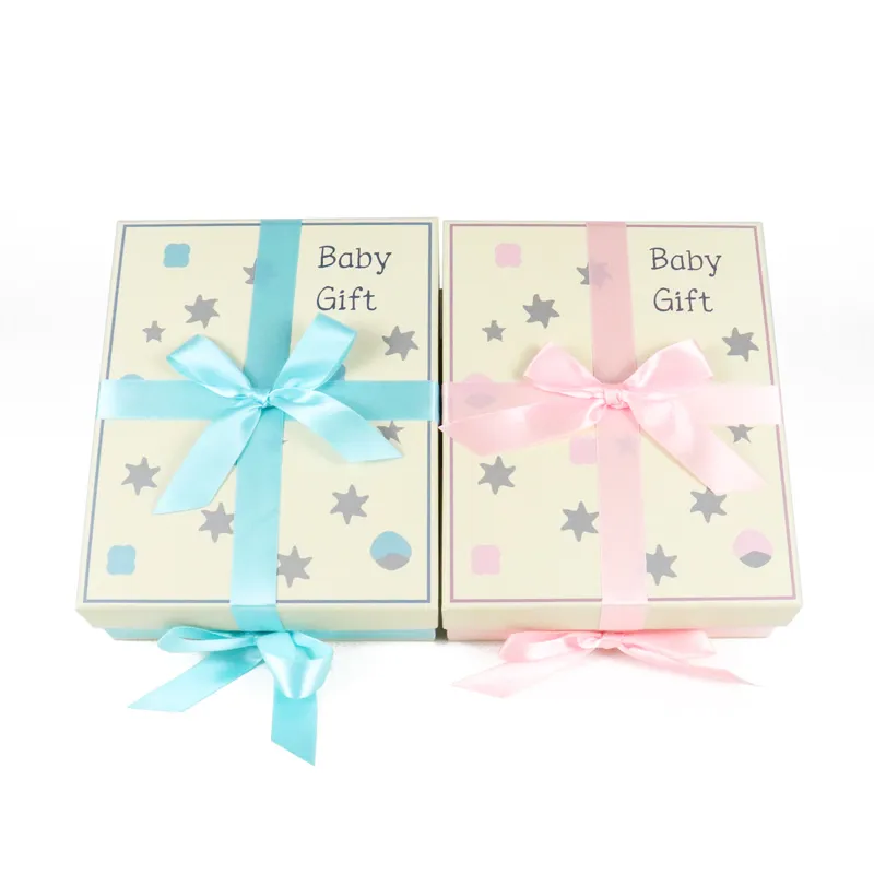 Empty segmented divider tray inside cream star printed lid and base baby gift box