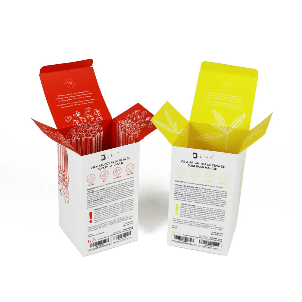Two open reverse tuck cartons showing red and yellow custom printed interior lining for aroma wax containers