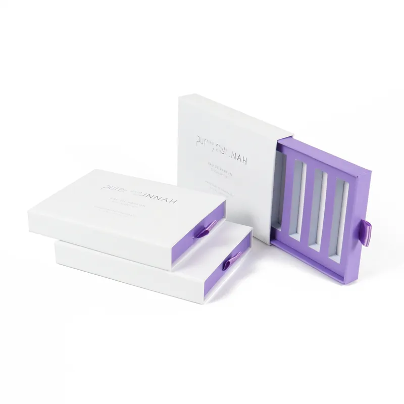 Two opened slide drawer box side by side, 3 slot compartment design, rigid perfume discovery sampler drawer gift box