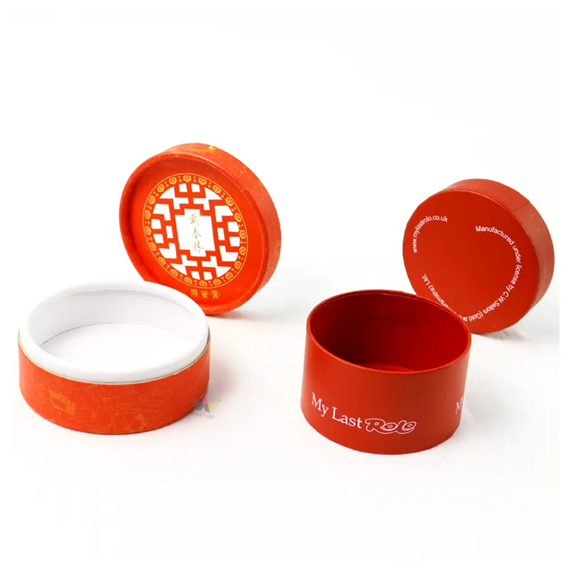 Comparison display of two styles cylinder boxes, cutout window lid and solid printed lid paper tube