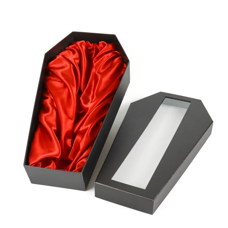 Empty coffin window box fitted with premium smooth red satin fabric inner lining