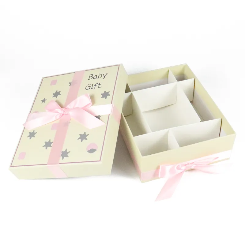 Empty segmented divider tray inside cream star printed lid and base baby gift box