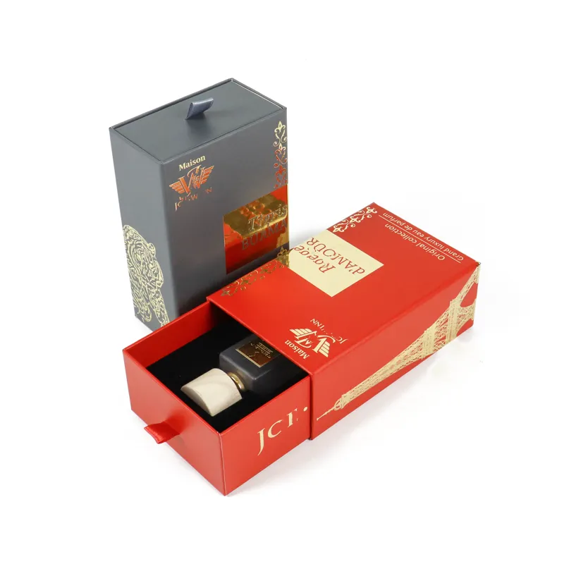 Top view empty red slide drawer perfume boxes, blank black molded EVA foam bottle slot without fragrance bottle